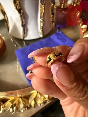 Tory Burch Gold and Black Enamel Mini Hoop Earrings with Logo Detail